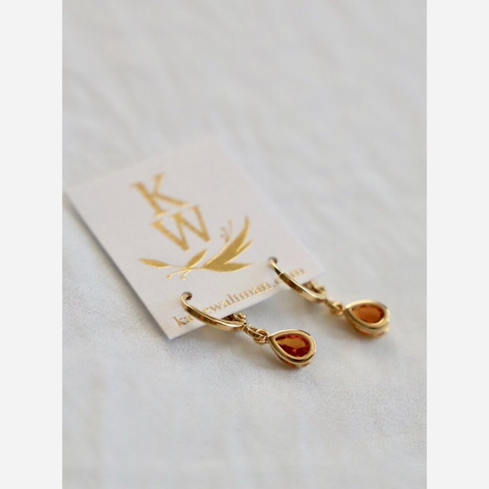 November Birthstone Huggie Earrings – Citrine Teardrop Charm on Gold Plated Hoop